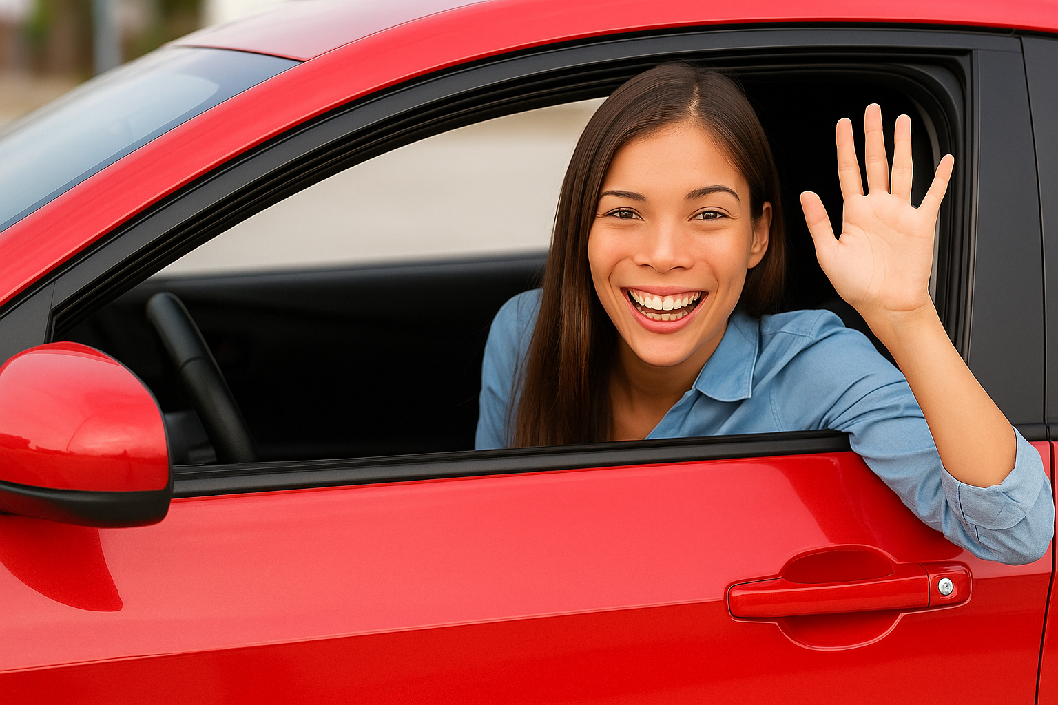 Woman in red car waving